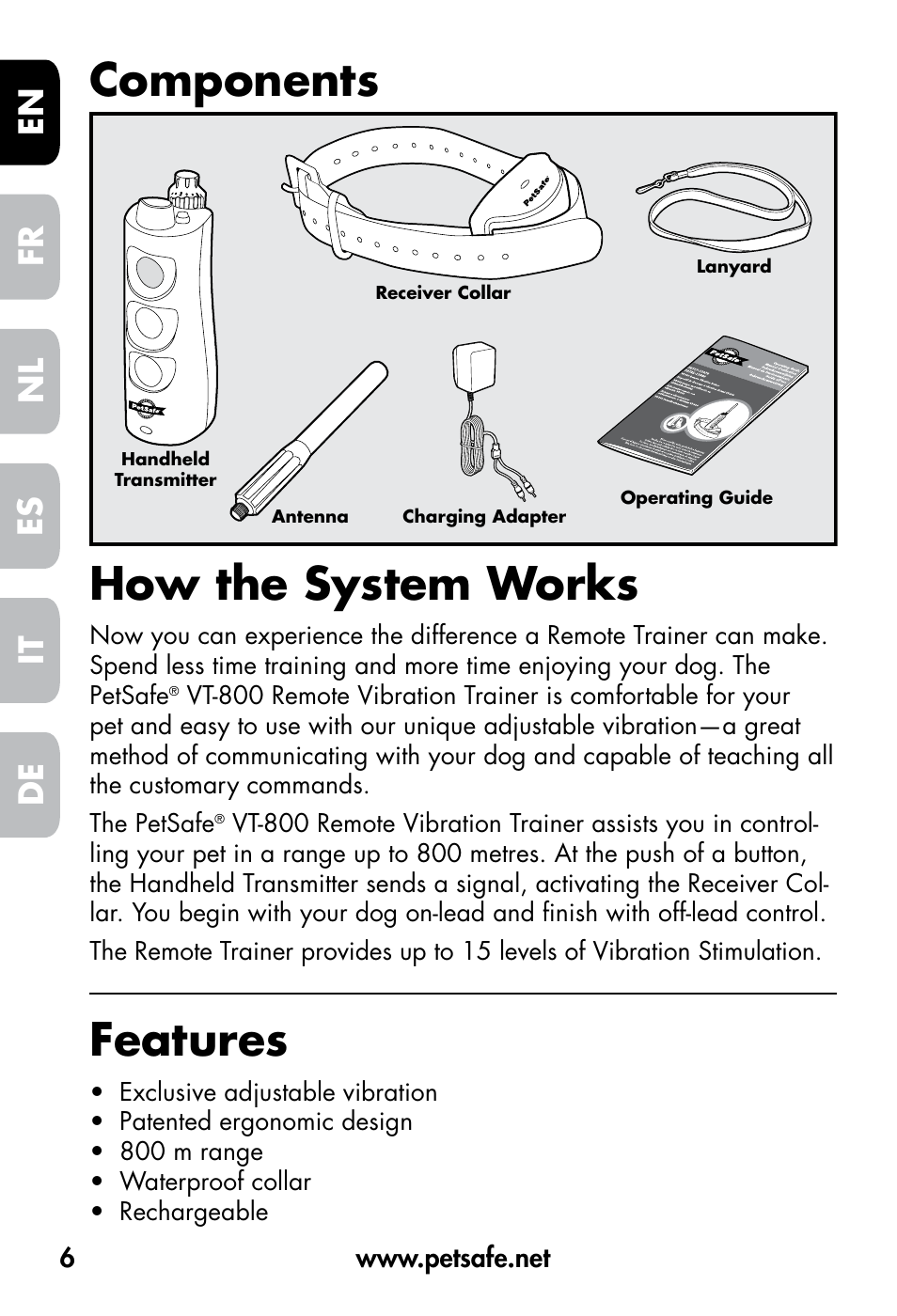 Components how the system works, Features, De fr es nl it en | Petsafe VT-800 Remote Vibration Trainer User Manual | Page 6 / 160