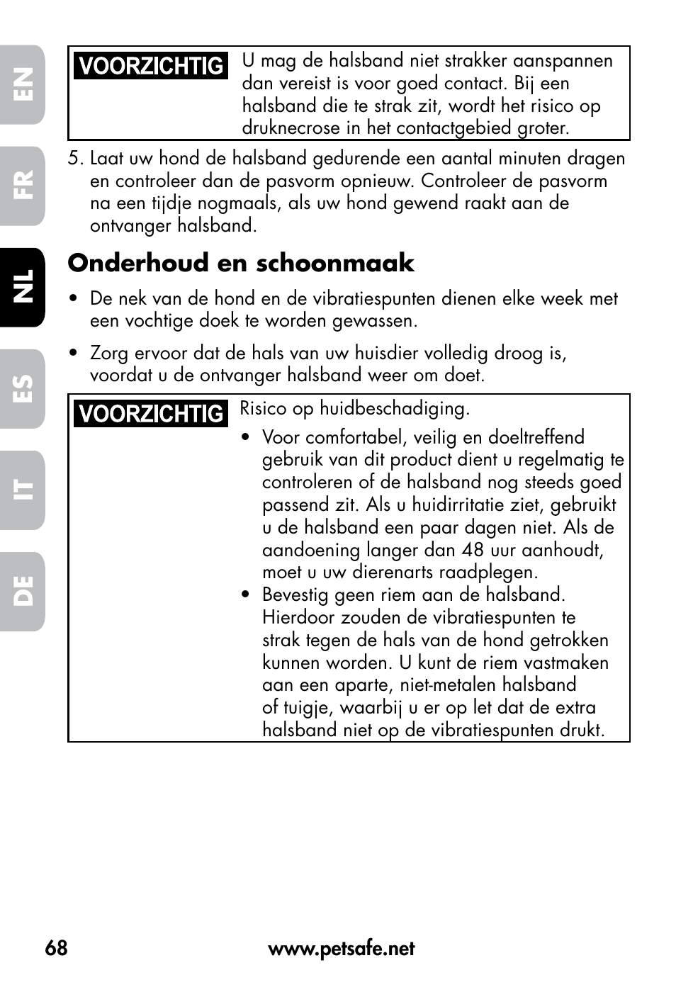 De fr es nl it en, Onderhoud en schoonmaak | Petsafe VT-800 Remote Vibration Trainer User Manual | Page 68 / 160