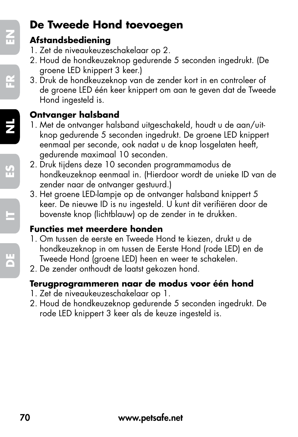De fr es nl it en, De tweede hond toevoegen | Petsafe VT-800 Remote Vibration Trainer User Manual | Page 70 / 160