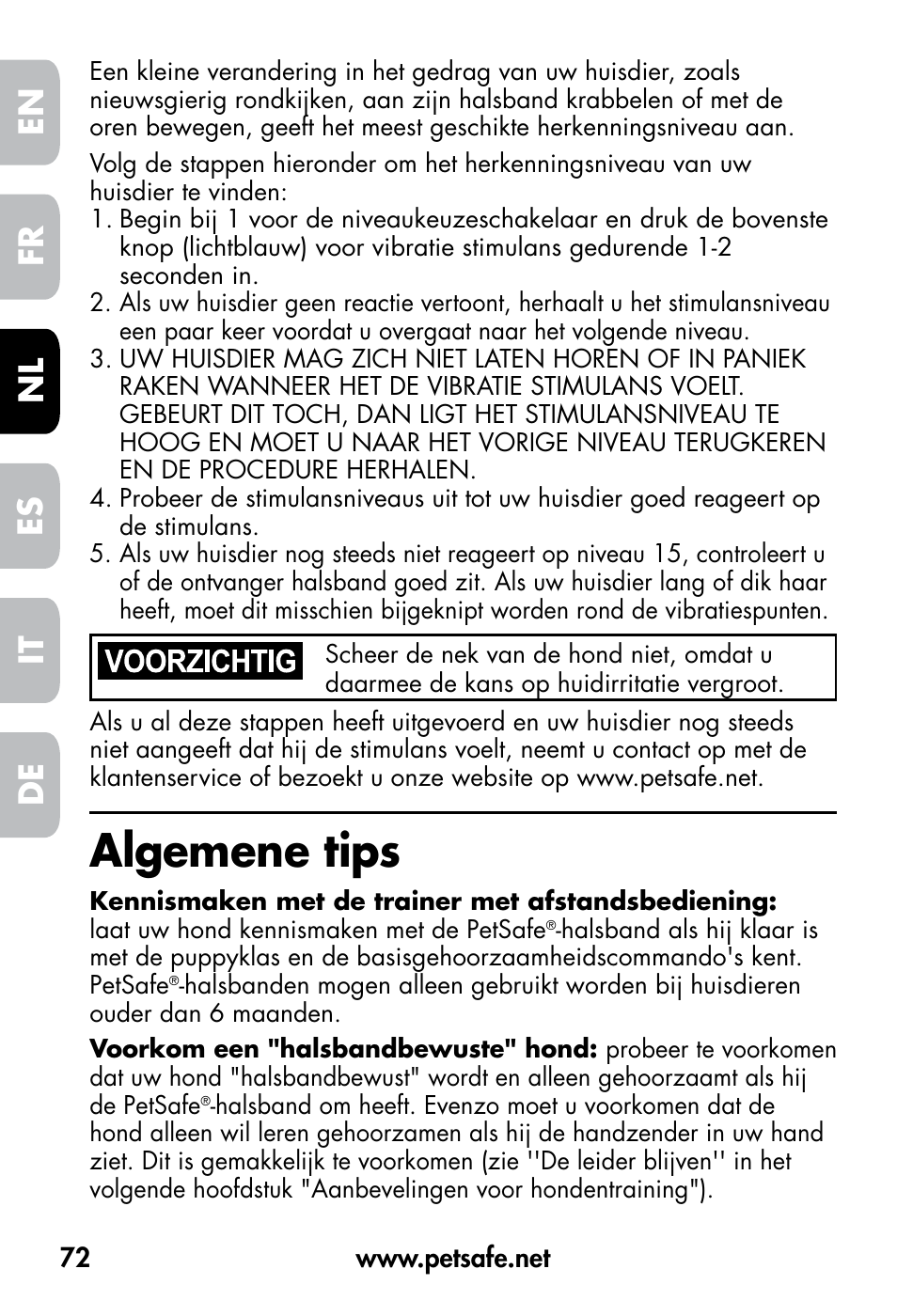 Algemene tips, De fr es nl it en | Petsafe VT-800 Remote Vibration Trainer User Manual | Page 72 / 160