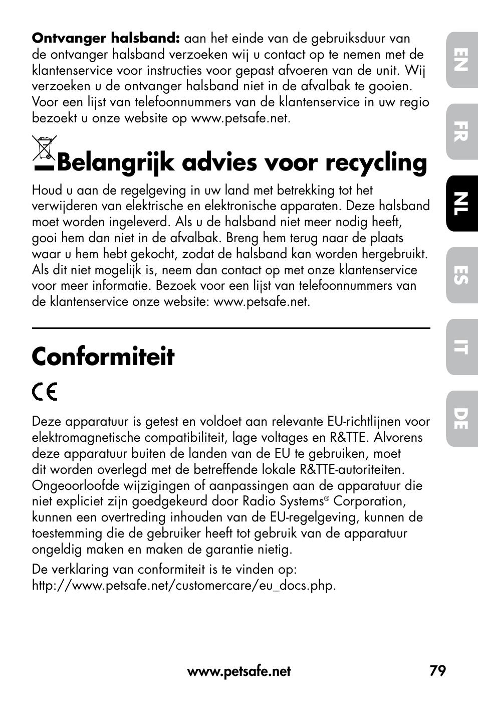 Belangrijk advies voor recycling, Conformiteit, De fr es nl it en | Petsafe VT-800 Remote Vibration Trainer User Manual | Page 79 / 160