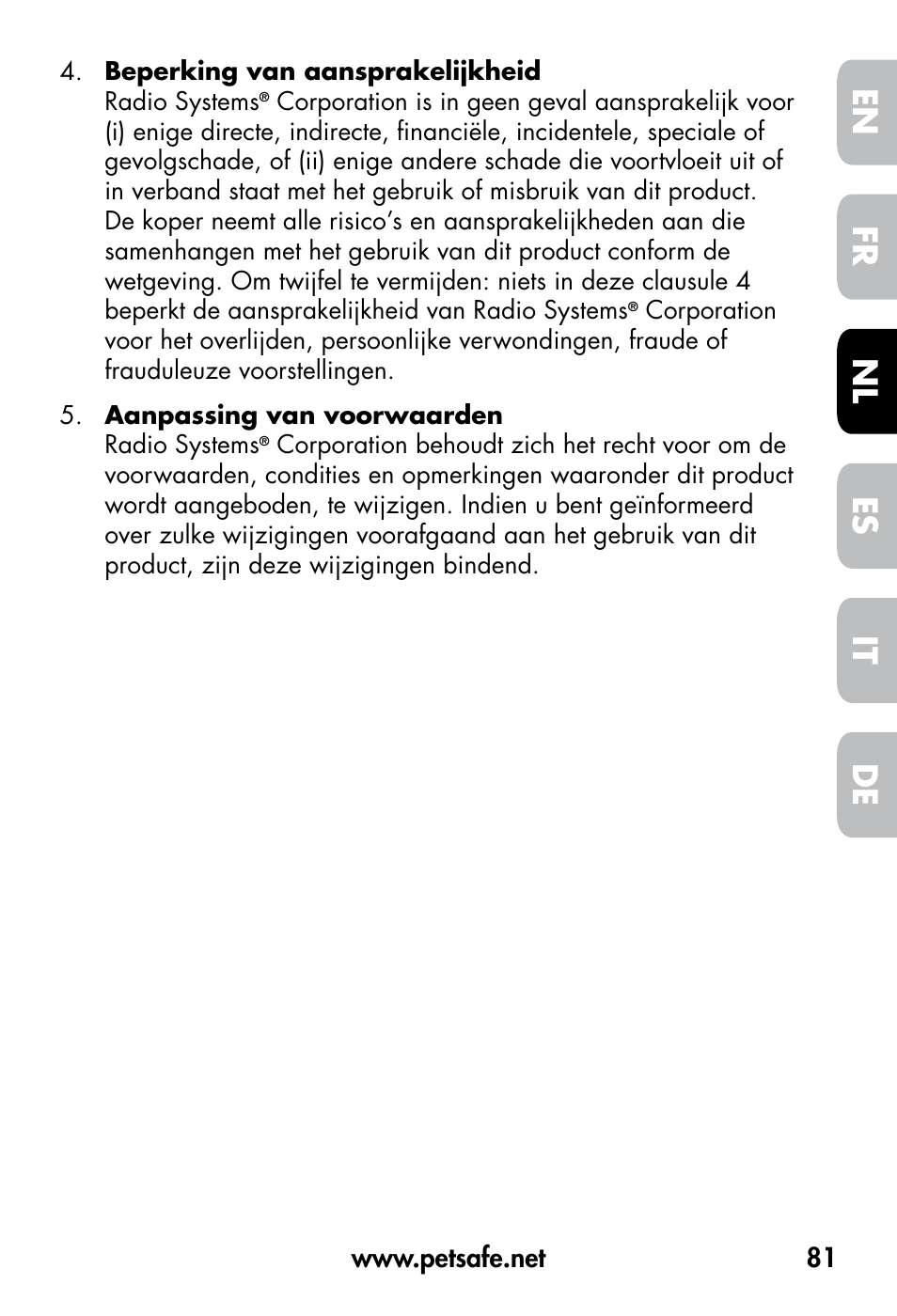 De fr es nl it en | Petsafe VT-800 Remote Vibration Trainer User Manual | Page 81 / 160