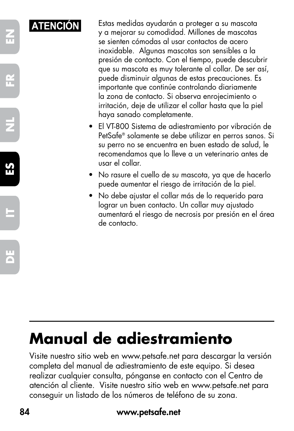 Manual de adiestramiento, De fr es nl it en | Petsafe VT-800 Remote Vibration Trainer User Manual | Page 84 / 160
