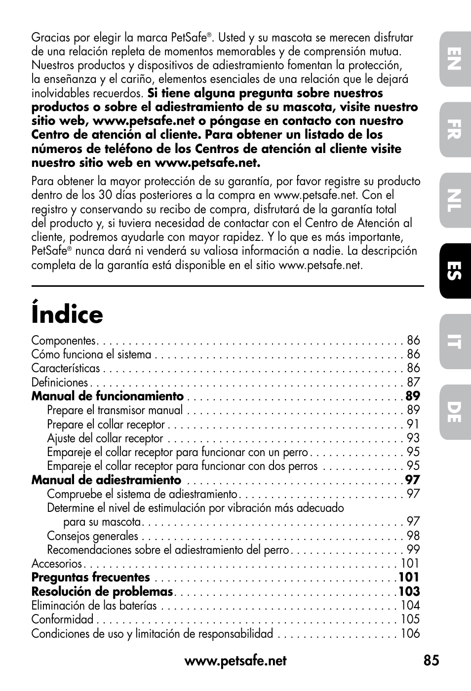 Índice, De fr es nl it en | Petsafe VT-800 Remote Vibration Trainer User Manual | Page 85 / 160