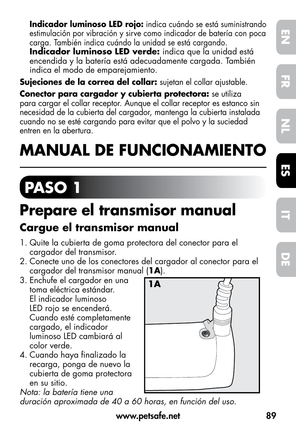 Manual de funcionamiento, Paso 1 prepare el transmisor manual, De fr es nl it en | Petsafe VT-800 Remote Vibration Trainer User Manual | Page 89 / 160