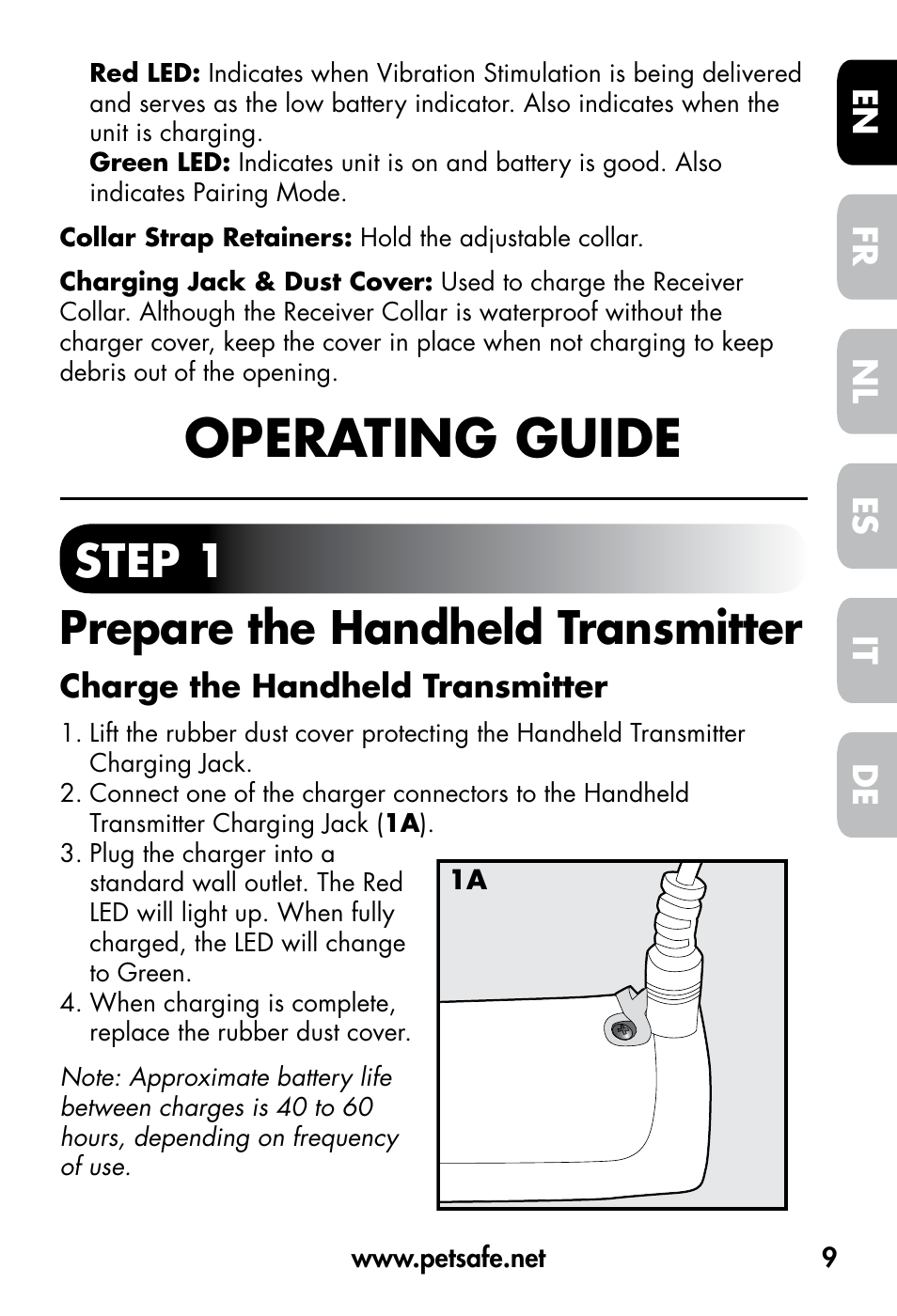 Operating guide, Step 1 prepare the handheld transmitter, De fr es nl it en | Petsafe VT-800 Remote Vibration Trainer User Manual | Page 9 / 160