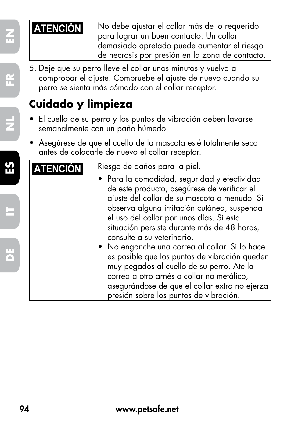 De fr es nl it en, Cuidado y limpieza | Petsafe VT-800 Remote Vibration Trainer User Manual | Page 94 / 160