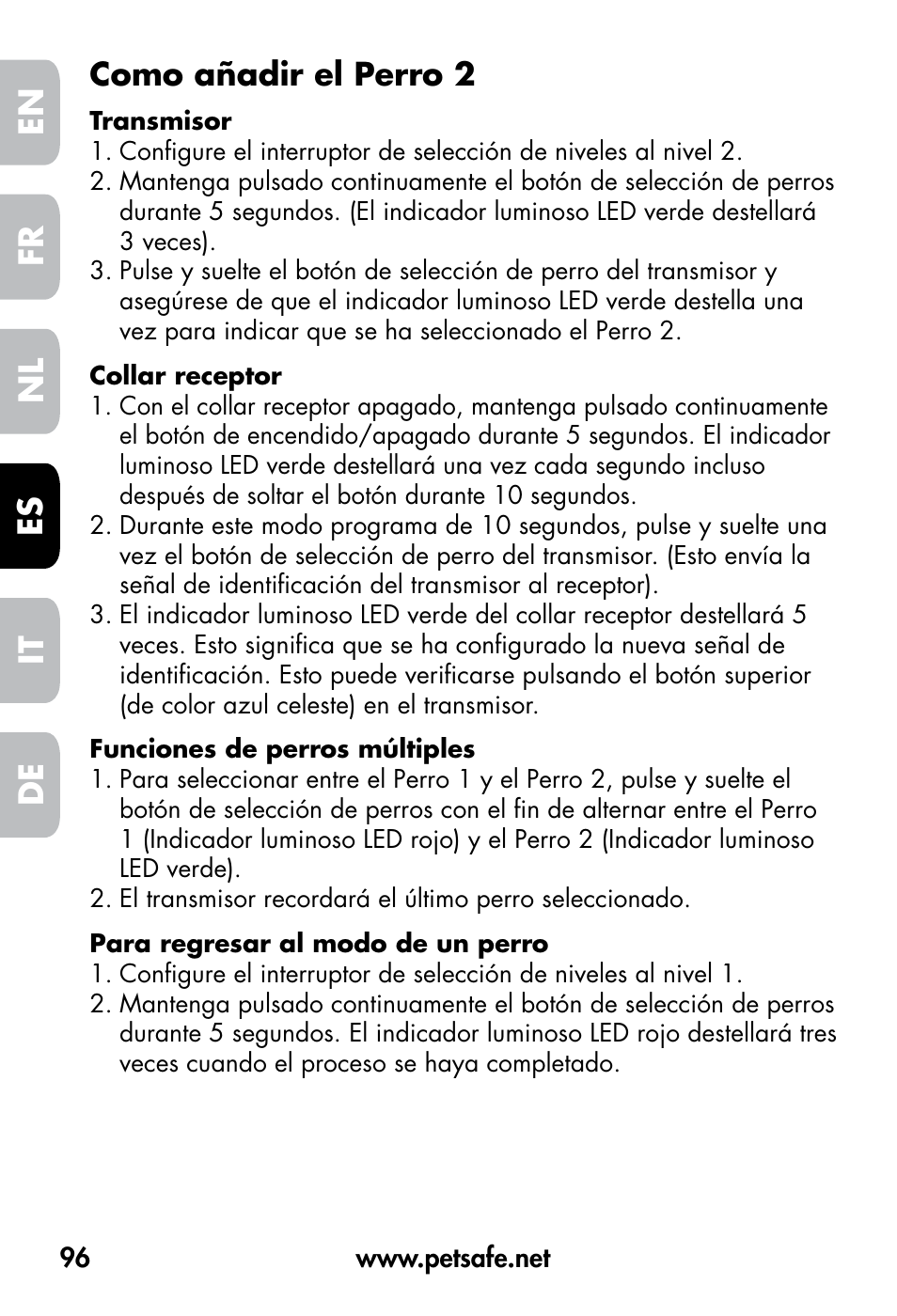 De fr es nl it en, Como añadir el perro 2 | Petsafe VT-800 Remote Vibration Trainer User Manual | Page 96 / 160
