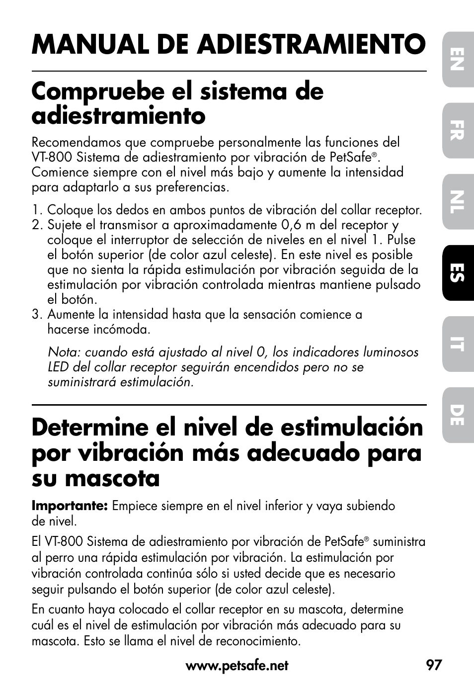 Manual de adiestramiento, Compruebe el sistema de adiestramiento, De fr es nl it en | Petsafe VT-800 Remote Vibration Trainer User Manual | Page 97 / 160