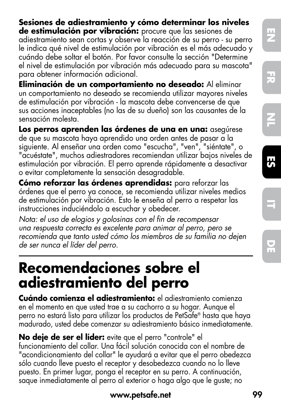Recomendaciones sobre el adiestramiento del perro, De fr es nl it en | Petsafe VT-800 Remote Vibration Trainer User Manual | Page 99 / 160