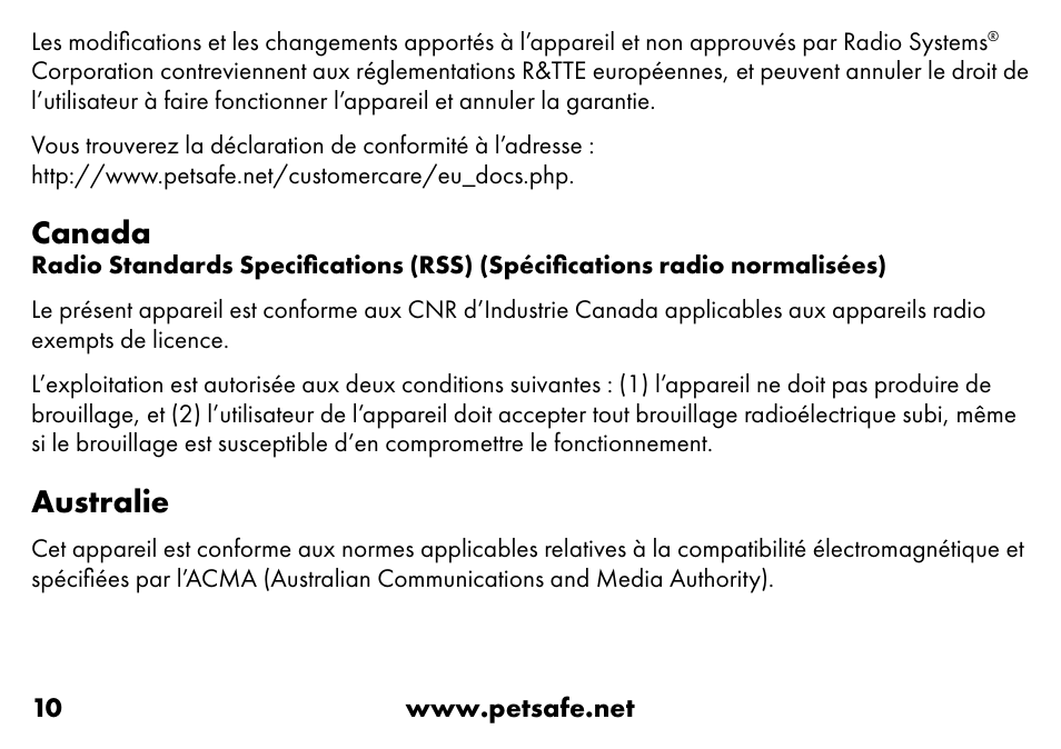Canada, Australie | Petsafe VT-800 Remote Vibration Trainer Add-A-Dog® Extra Receiver Collar User Manual | Page 10 / 32