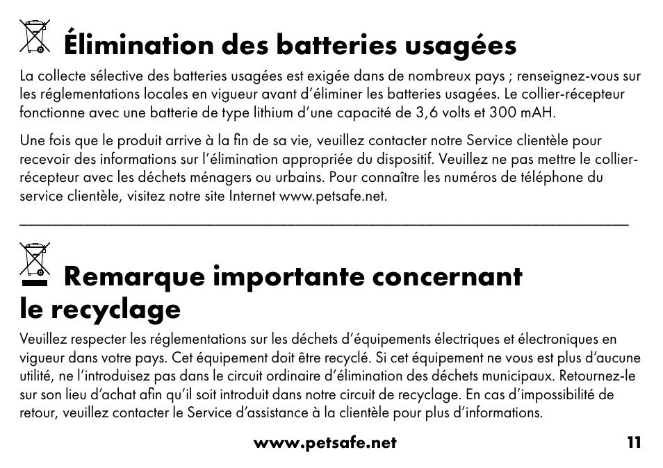 Élimination des batteries usagées, Remarque importante concernant le recyclage | Petsafe VT-800 Remote Vibration Trainer Add-A-Dog® Extra Receiver Collar User Manual | Page 11 / 32