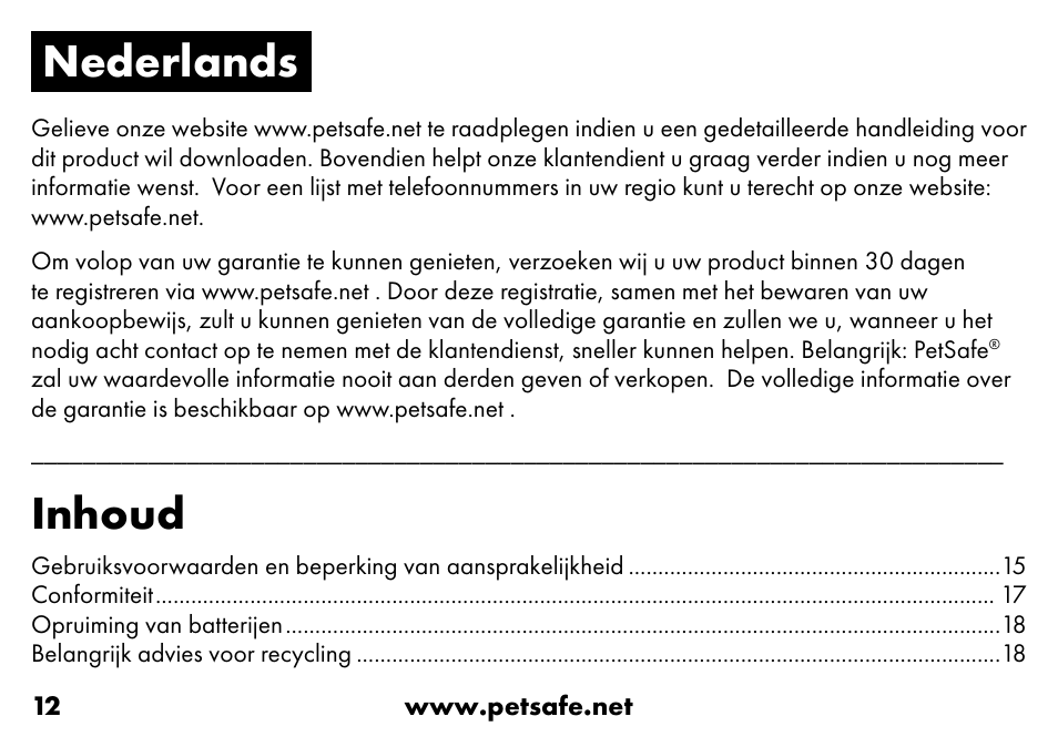 Nederlands, Inhoud | Petsafe VT-800 Remote Vibration Trainer Add-A-Dog® Extra Receiver Collar User Manual | Page 12 / 32