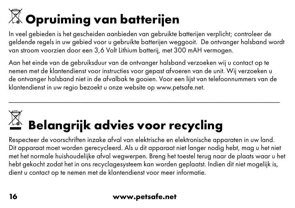 Opruiming van batterijen, Belangrijk advies voor recycling | Petsafe VT-800 Remote Vibration Trainer Add-A-Dog® Extra Receiver Collar User Manual | Page 16 / 32