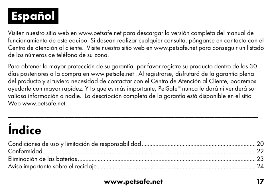 Español, Índice | Petsafe VT-800 Remote Vibration Trainer Add-A-Dog® Extra Receiver Collar User Manual | Page 17 / 32