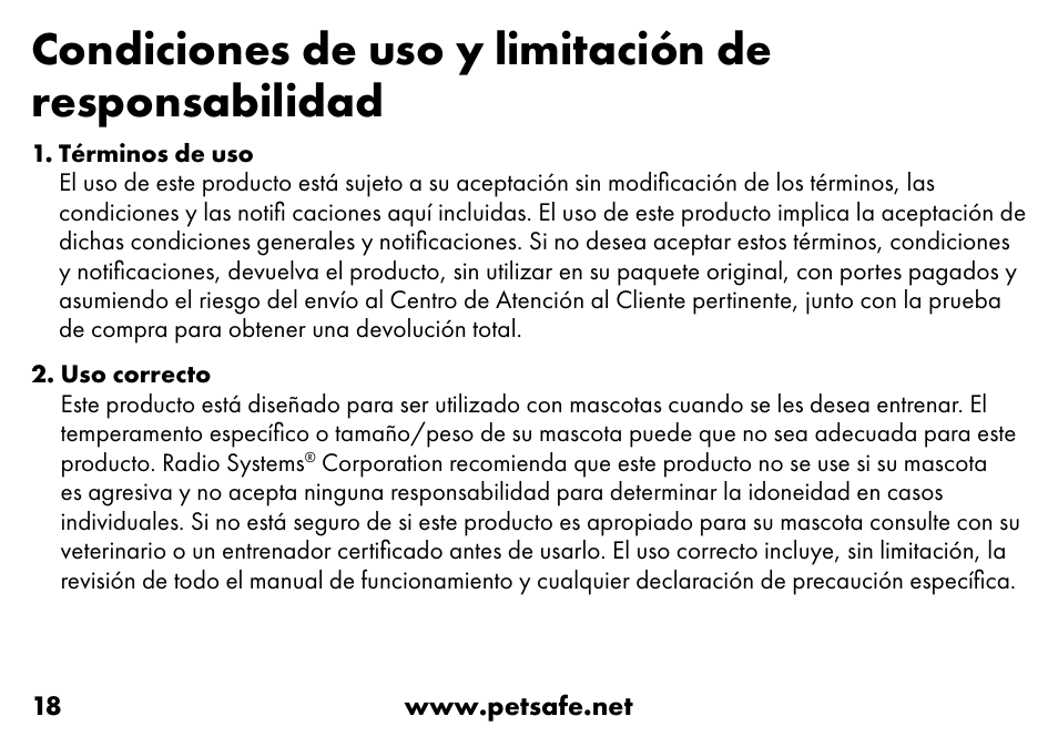 Condiciones de uso y limitación de responsabilidad | Petsafe VT-800 Remote Vibration Trainer Add-A-Dog® Extra Receiver Collar User Manual | Page 18 / 32