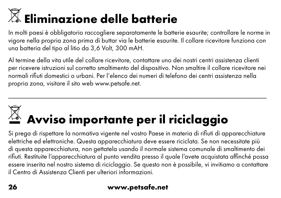 Eliminazione delle batterie, Avviso importante per il riciclaggio | Petsafe VT-800 Remote Vibration Trainer Add-A-Dog® Extra Receiver Collar User Manual | Page 26 / 32