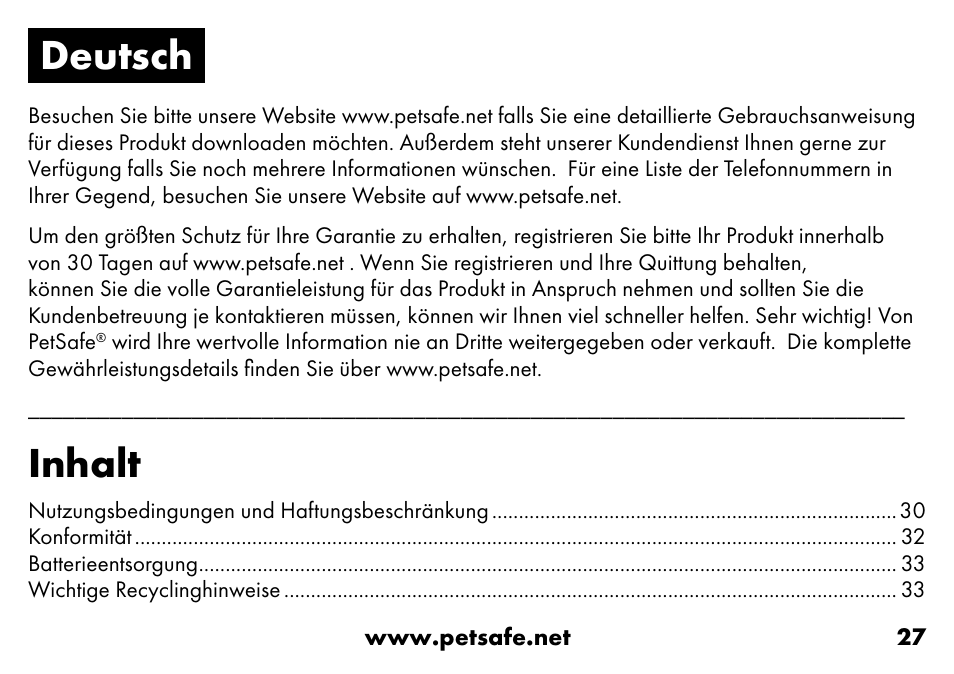 Deutsch, Inhalt | Petsafe VT-800 Remote Vibration Trainer Add-A-Dog® Extra Receiver Collar User Manual | Page 27 / 32