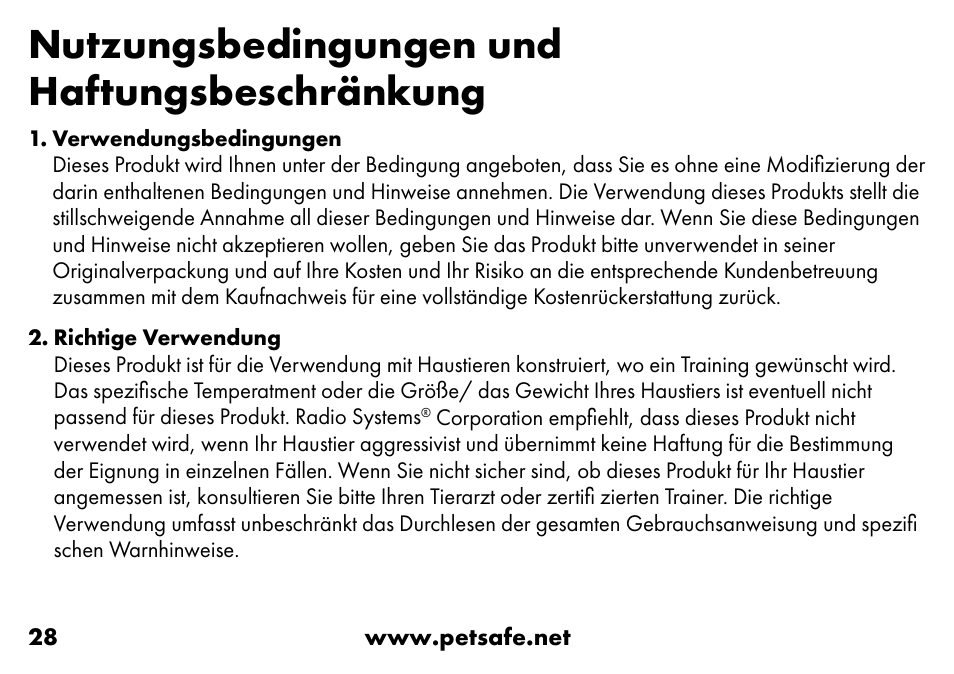 Nutzungsbedingungen und haftungsbeschränkung | Petsafe VT-800 Remote Vibration Trainer Add-A-Dog® Extra Receiver Collar User Manual | Page 28 / 32