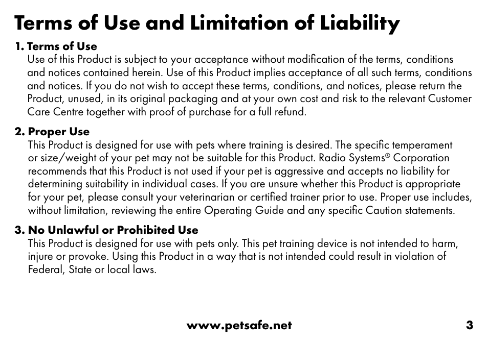 Terms of use and limitation of liability | Petsafe VT-800 Remote Vibration Trainer Add-A-Dog® Extra Receiver Collar User Manual | Page 3 / 32