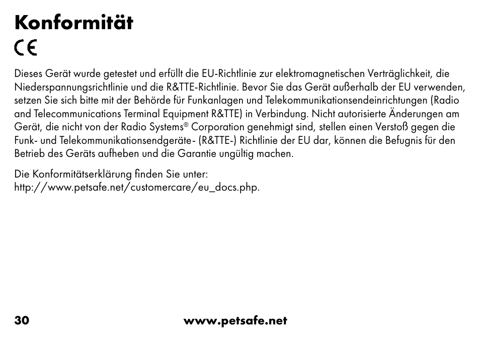 Konformität | Petsafe VT-800 Remote Vibration Trainer Add-A-Dog® Extra Receiver Collar User Manual | Page 30 / 32