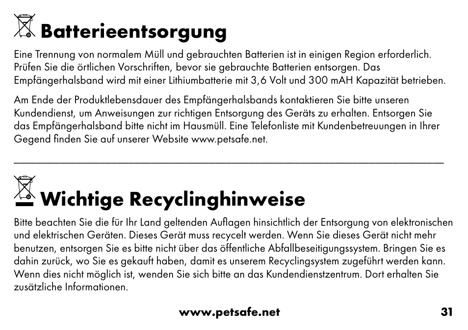 Batterieentsorgung, Wichtige recyclinghinweise | Petsafe VT-800 Remote Vibration Trainer Add-A-Dog® Extra Receiver Collar User Manual | Page 31 / 32