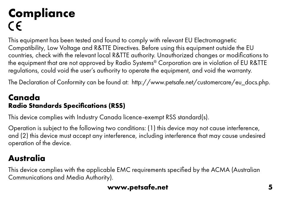 Compliance, Canada, Australia | Petsafe VT-800 Remote Vibration Trainer Add-A-Dog® Extra Receiver Collar User Manual | Page 5 / 32