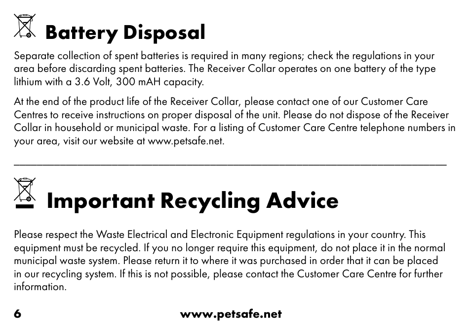 Important recycling advice, Battery disposal | Petsafe VT-800 Remote Vibration Trainer Add-A-Dog® Extra Receiver Collar User Manual | Page 6 / 32