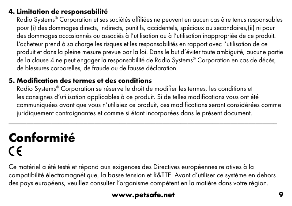 Conformité | Petsafe VT-800 Remote Vibration Trainer Add-A-Dog® Extra Receiver Collar User Manual | Page 9 / 32