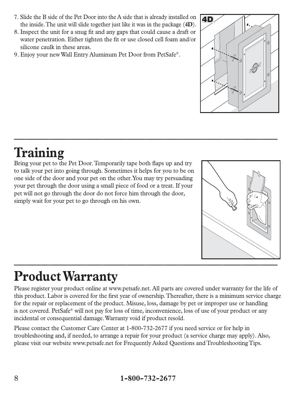 Training, Product warranty | Petsafe Wall Entry Pet Door User Manual | Page 8 / 24