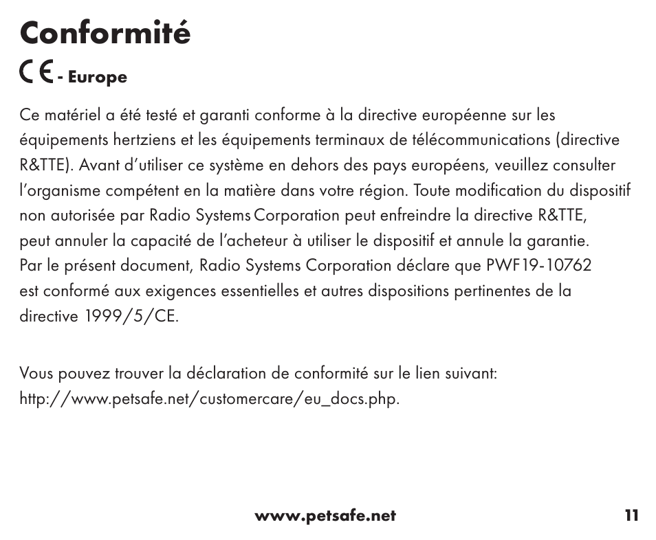 Conformité | Petsafe Wireless Containment System™ Add-A-Dog® Extra Receiver User Manual | Page 11 / 40