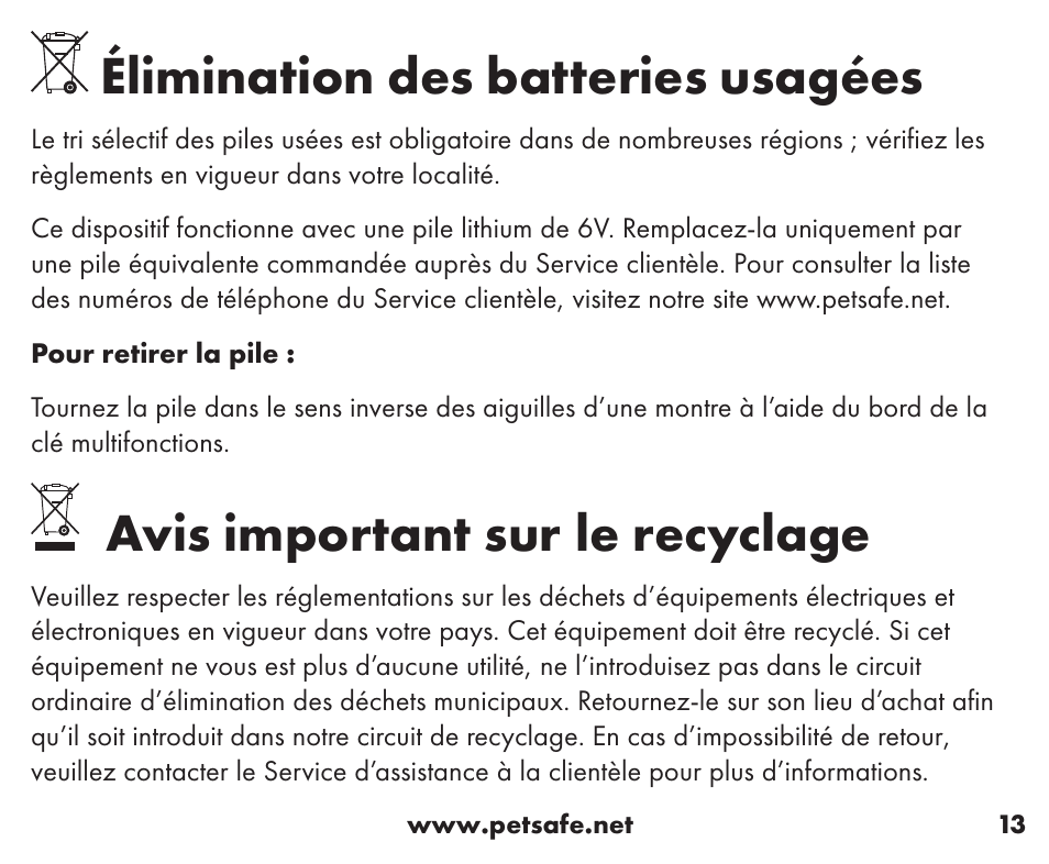 Élimination des batteries usagées, Avis important sur le recyclage | Petsafe Wireless Containment System™ Add-A-Dog® Extra Receiver User Manual | Page 13 / 40