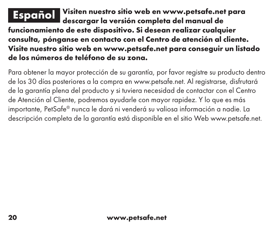 Español | Petsafe Wireless Containment System™ Add-A-Dog® Extra Receiver User Manual | Page 20 / 40