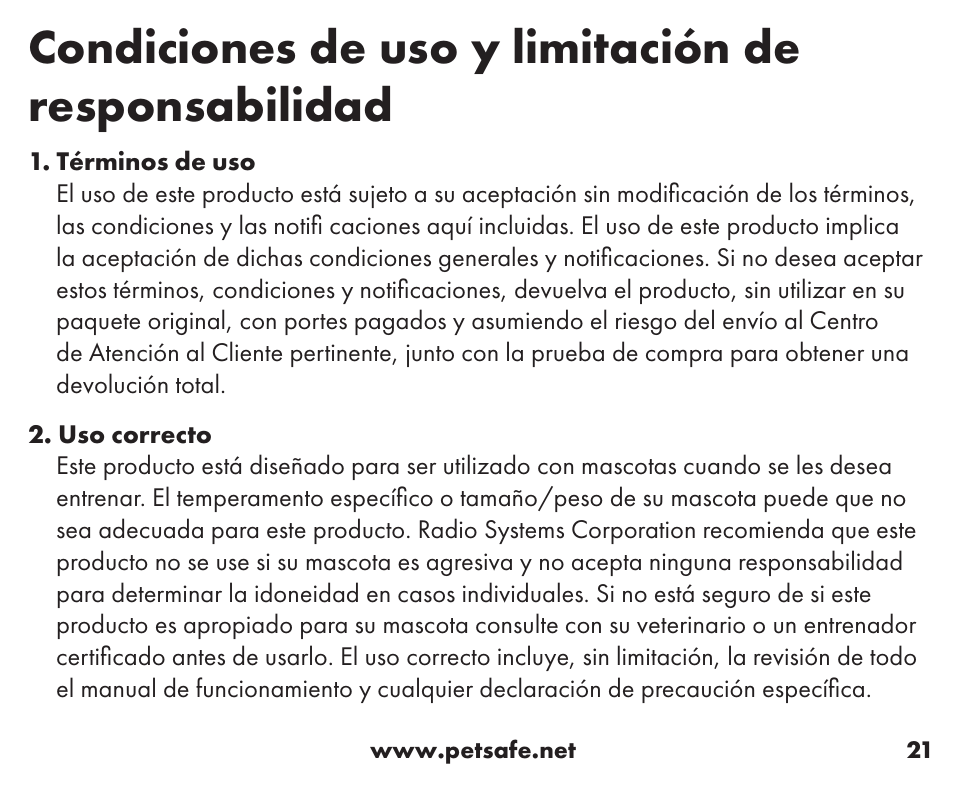 Condiciones de uso y limitación de responsabilidad | Petsafe Wireless Containment System™ Add-A-Dog® Extra Receiver User Manual | Page 21 / 40