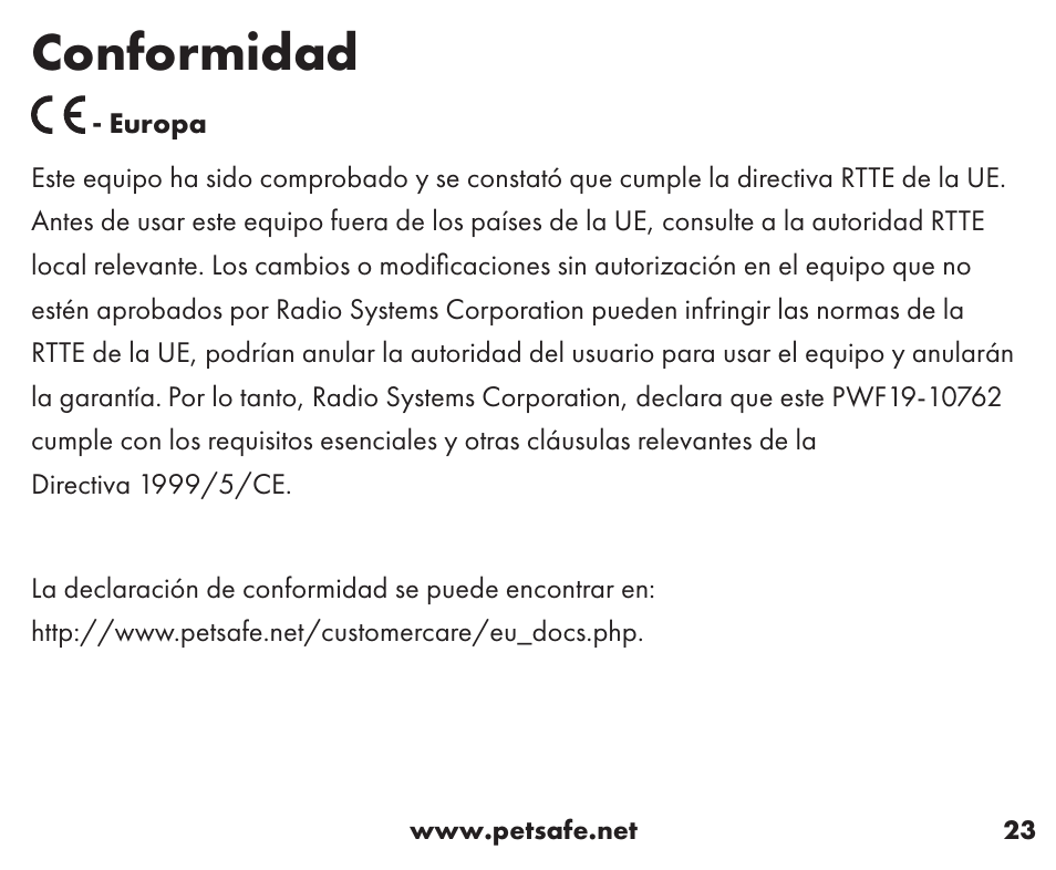Conformidad | Petsafe Wireless Containment System™ Add-A-Dog® Extra Receiver User Manual | Page 23 / 40