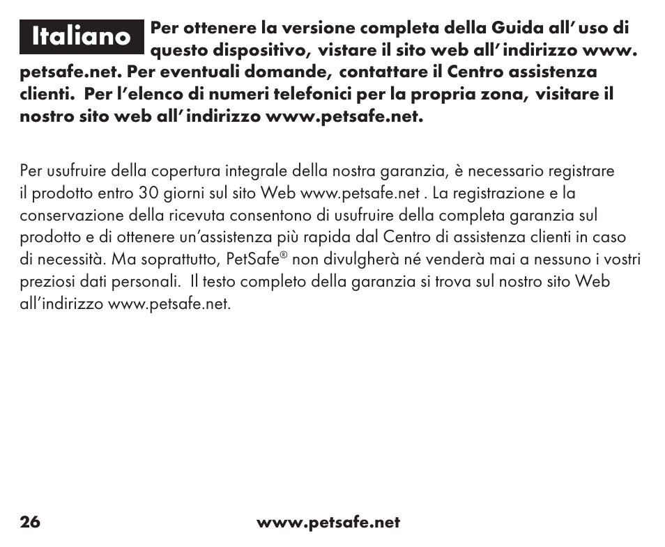 Italiano | Petsafe Wireless Containment System™ Add-A-Dog® Extra Receiver User Manual | Page 26 / 40