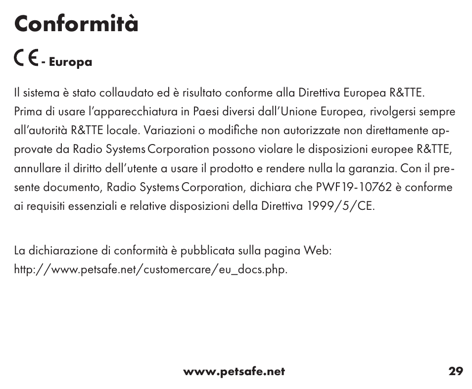 Conformità | Petsafe Wireless Containment System™ Add-A-Dog® Extra Receiver User Manual | Page 29 / 40
