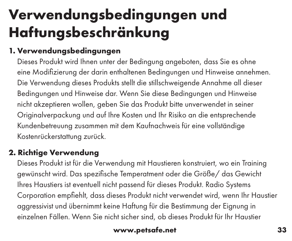 Verwendungsbedingungen und haftungsbeschränkung | Petsafe Wireless Containment System™ Add-A-Dog® Extra Receiver User Manual | Page 33 / 40