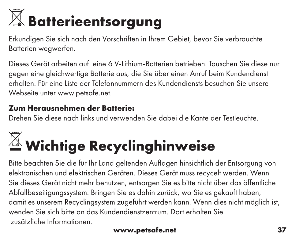 Batterieentsorgung, Wichtige recyclinghinweise | Petsafe Wireless Containment System™ Add-A-Dog® Extra Receiver User Manual | Page 37 / 40