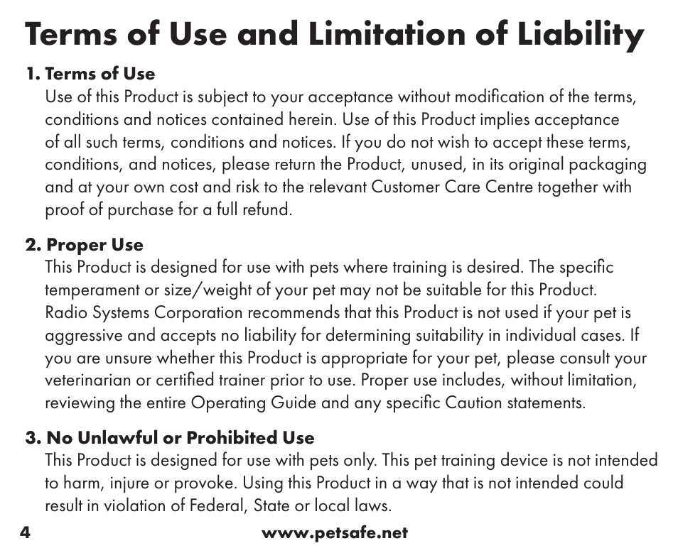 Terms of use and limitation of liability | Petsafe Wireless Containment System™ Add-A-Dog® Extra Receiver User Manual | Page 4 / 40