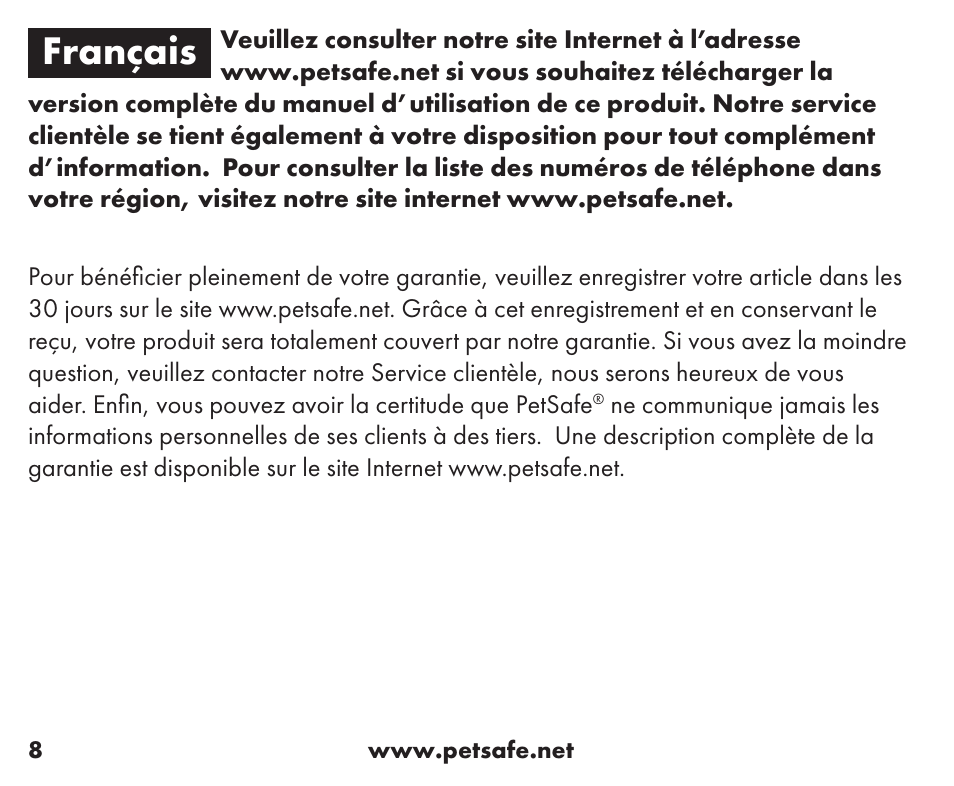 Français | Petsafe Wireless Containment System™ Add-A-Dog® Extra Receiver User Manual | Page 8 / 40