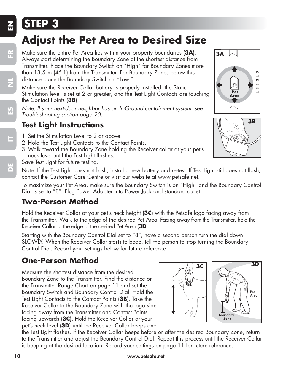 Step 3 adjust the pet area to desired size, Test light instructions, Two-person method | One-person method, En fr es nl it de | Petsafe Wireless Pet Containment System PIF-300-21 User Manual | Page 10 / 144