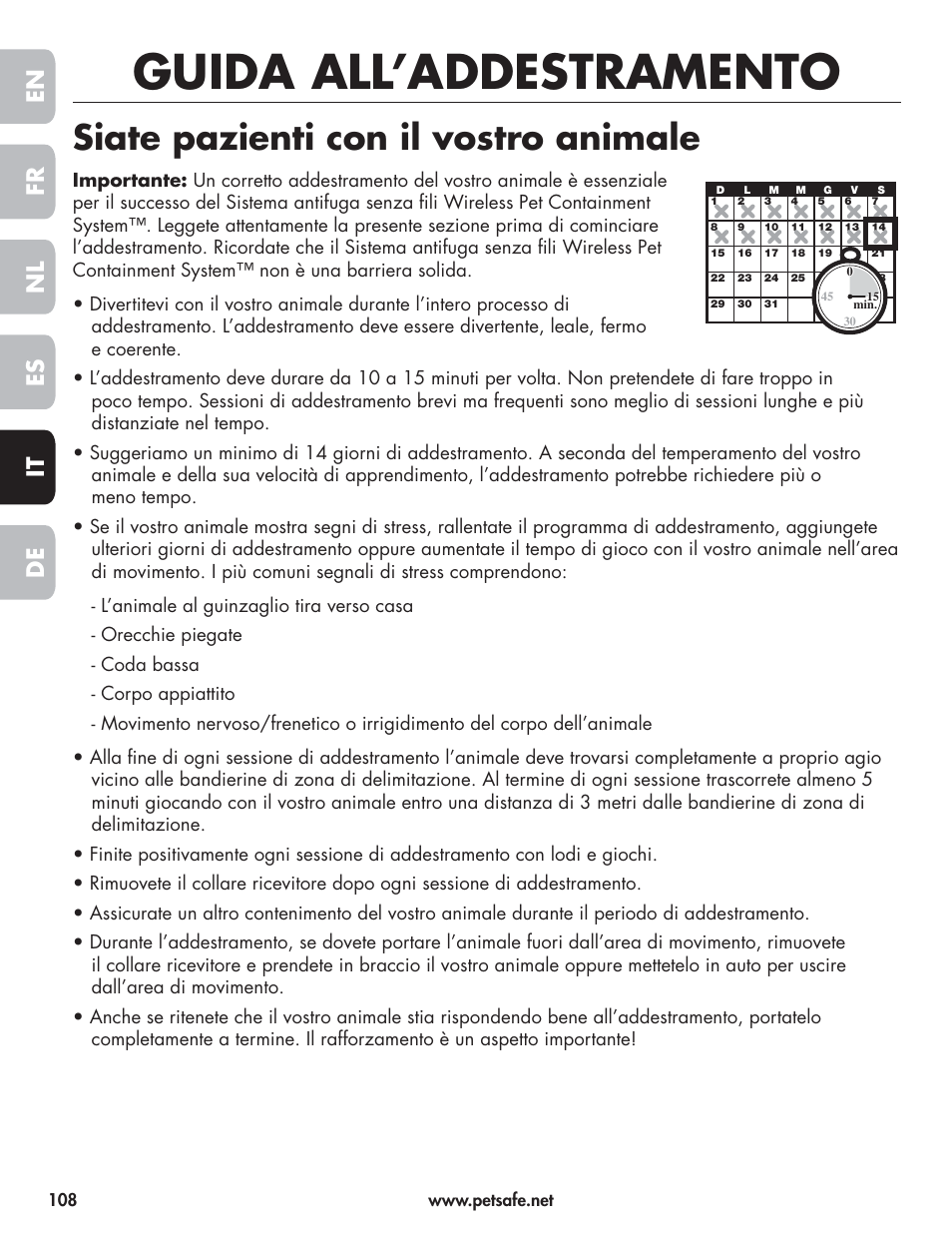 Guida all’addestramento, Siate pazienti con il vostro animale, En fr es nl it de | Petsafe Wireless Pet Containment System PIF-300-21 User Manual | Page 108 / 144