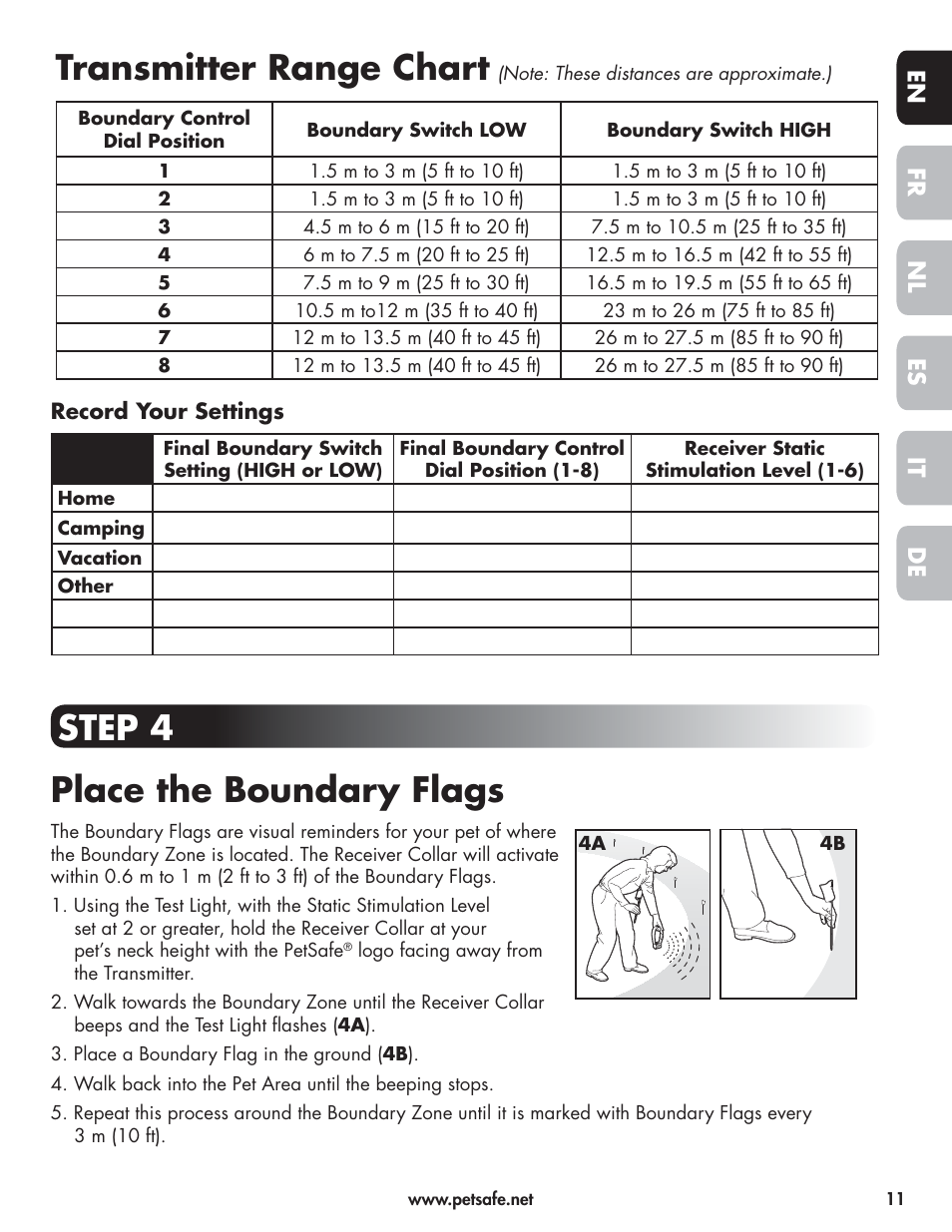 Transmitter range chart, Step 4 place the boundary flags, En fr es nl it de | Petsafe Wireless Pet Containment System PIF-300-21 User Manual | Page 11 / 144