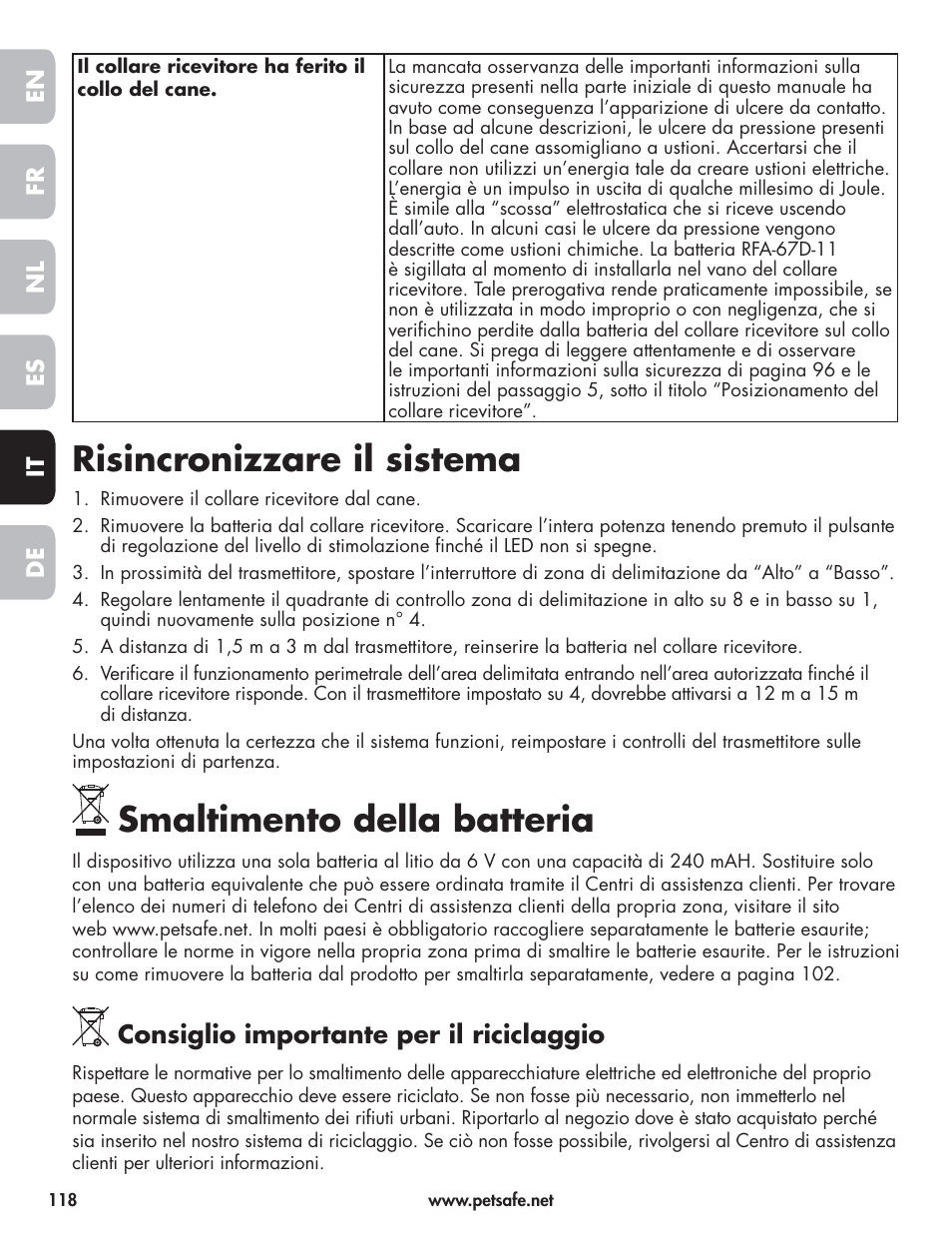 Risincronizzare il sistema, Smaltimento della batteria | Petsafe Wireless Pet Containment System PIF-300-21 User Manual | Page 118 / 144