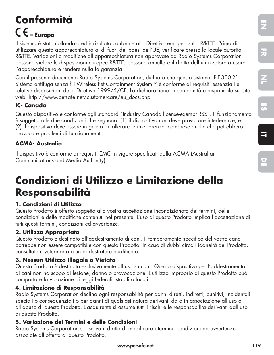 Conformità | Petsafe Wireless Pet Containment System PIF-300-21 User Manual | Page 119 / 144