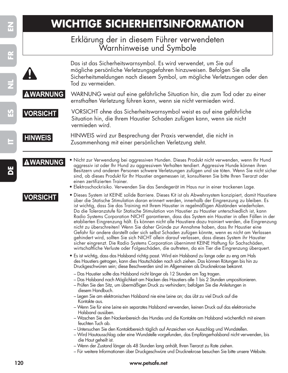 Wichtige sicherheitsinformation, En fr es nl it de | Petsafe Wireless Pet Containment System PIF-300-21 User Manual | Page 120 / 144