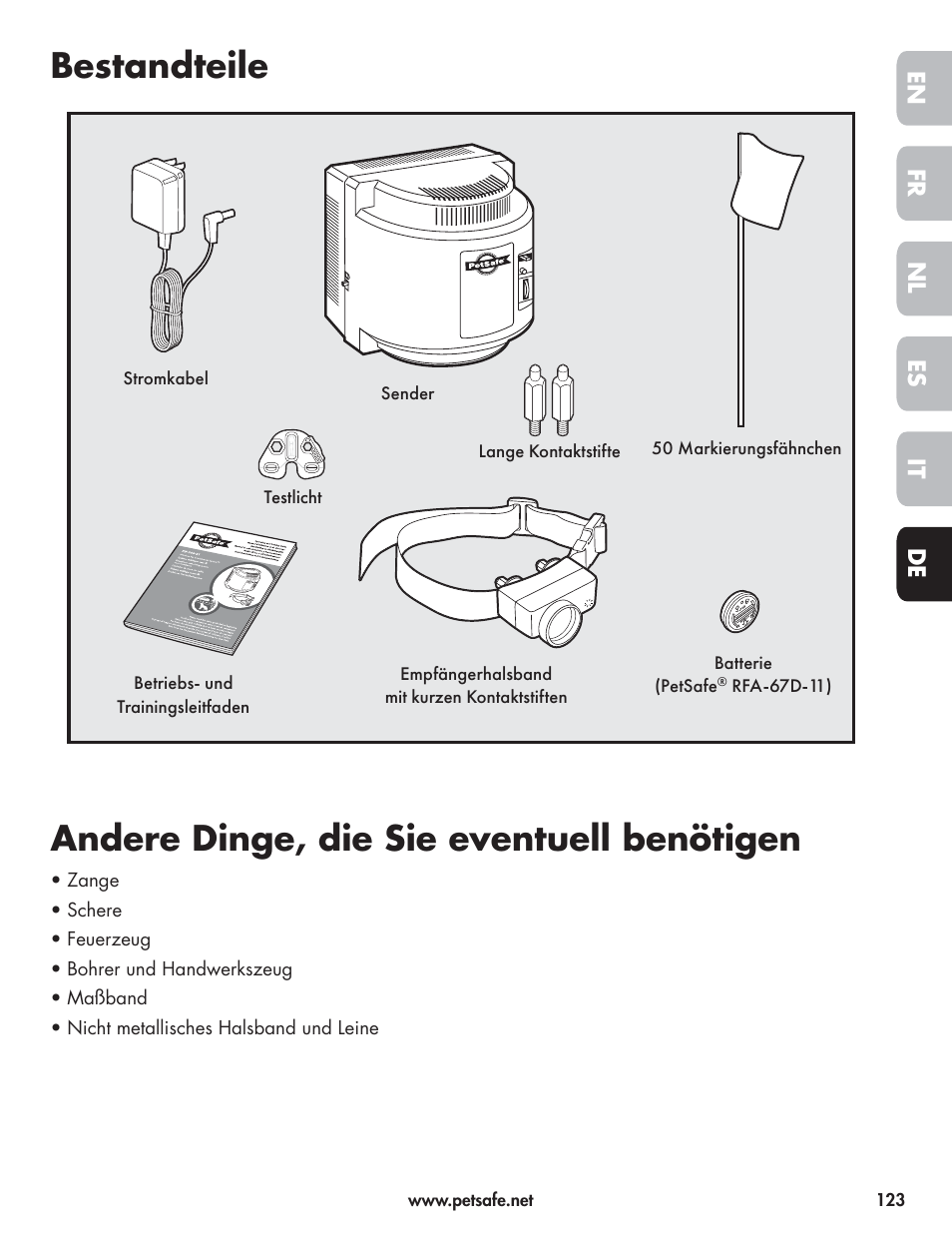 Bestandteile, Andere dinge, die sie eventuell benötigen, En fr es nl it de | Petsafe Wireless Pet Containment System PIF-300-21 User Manual | Page 123 / 144