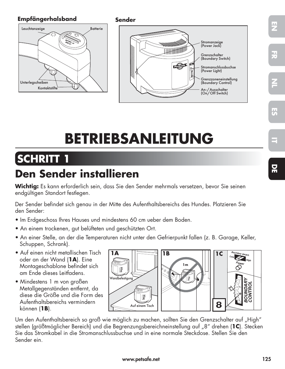 Betriebsanleitung, Schritt 1 den sender installieren, En fr es nl it de | 1a 1b 1c sender, Empfängerhalsband | Petsafe Wireless Pet Containment System PIF-300-21 User Manual | Page 125 / 144