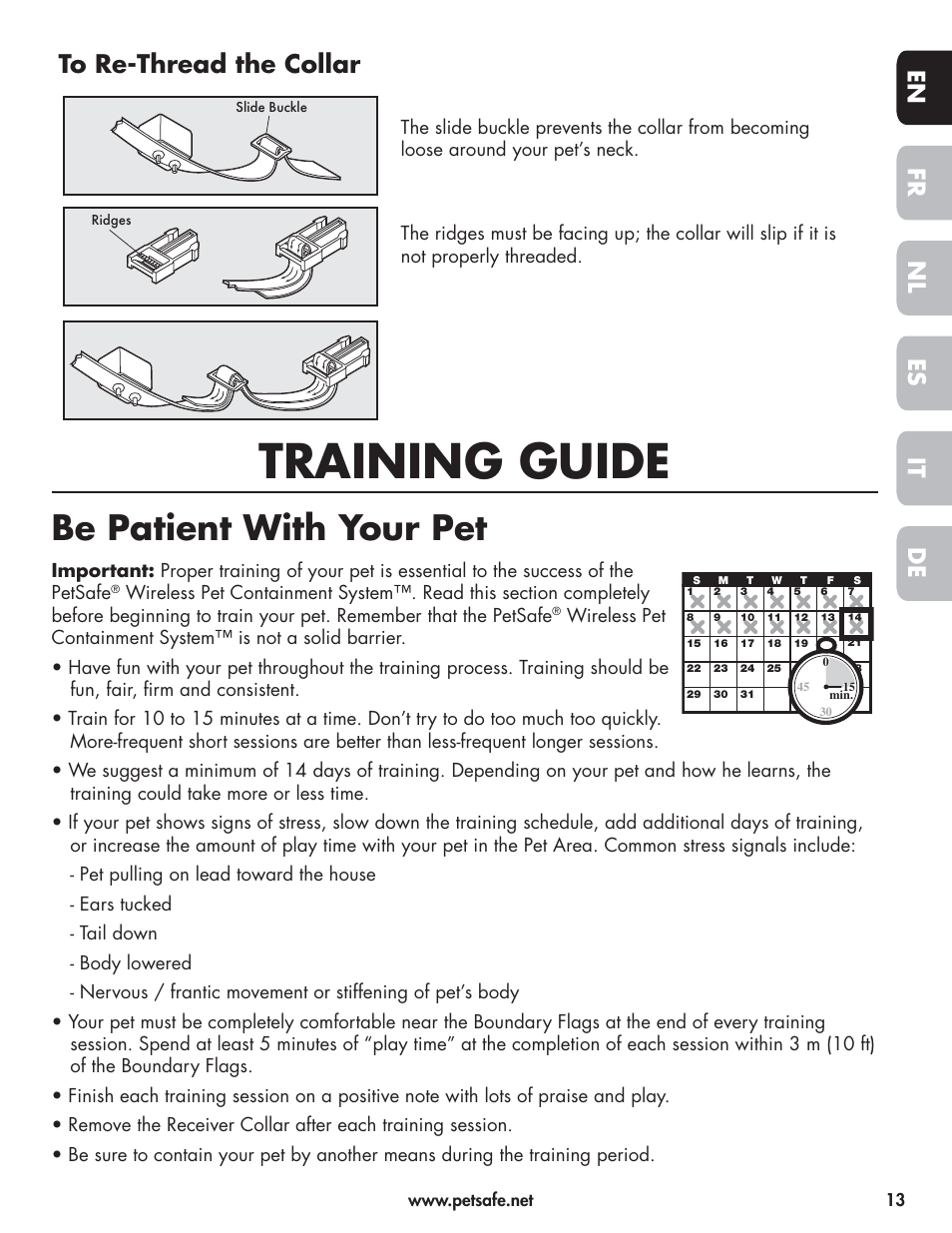 Training guide, Be patient with your pet, En fr es nl it de | Petsafe Wireless Pet Containment System PIF-300-21 User Manual | Page 13 / 144